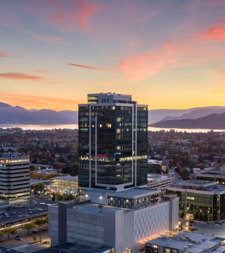 Landmark 6 tower, Kelowna, at dusk